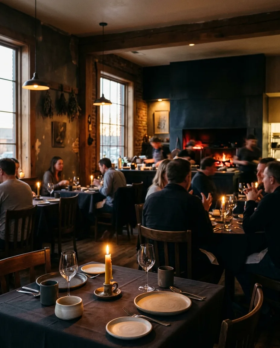 A candlelit dining room in low light, tables set, guests out of focus