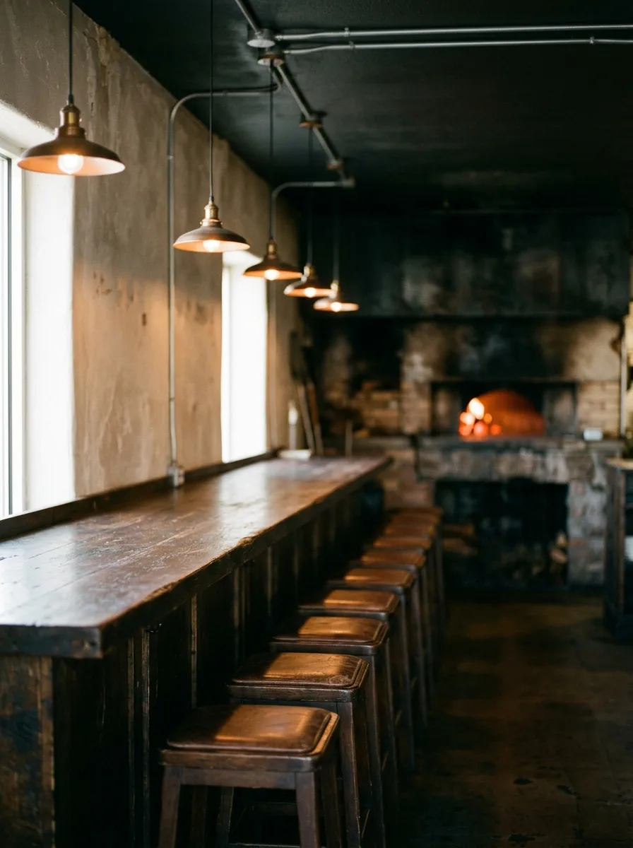 A long dark wood counter with low empty stools under warm pendant lamps, the hearth glowing at the far end