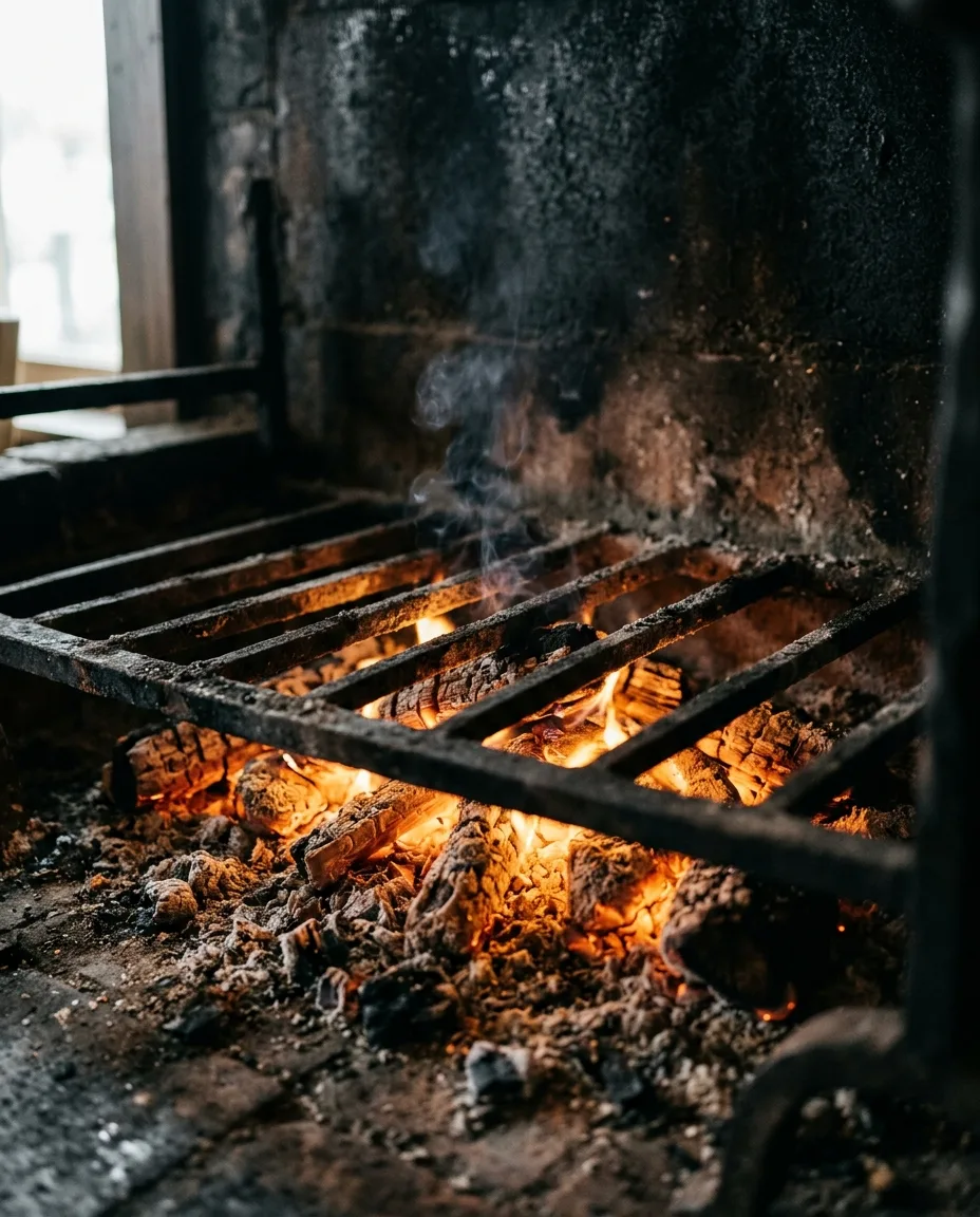 A bed of glowing embers and ash under the grate, with a wisp of smoke