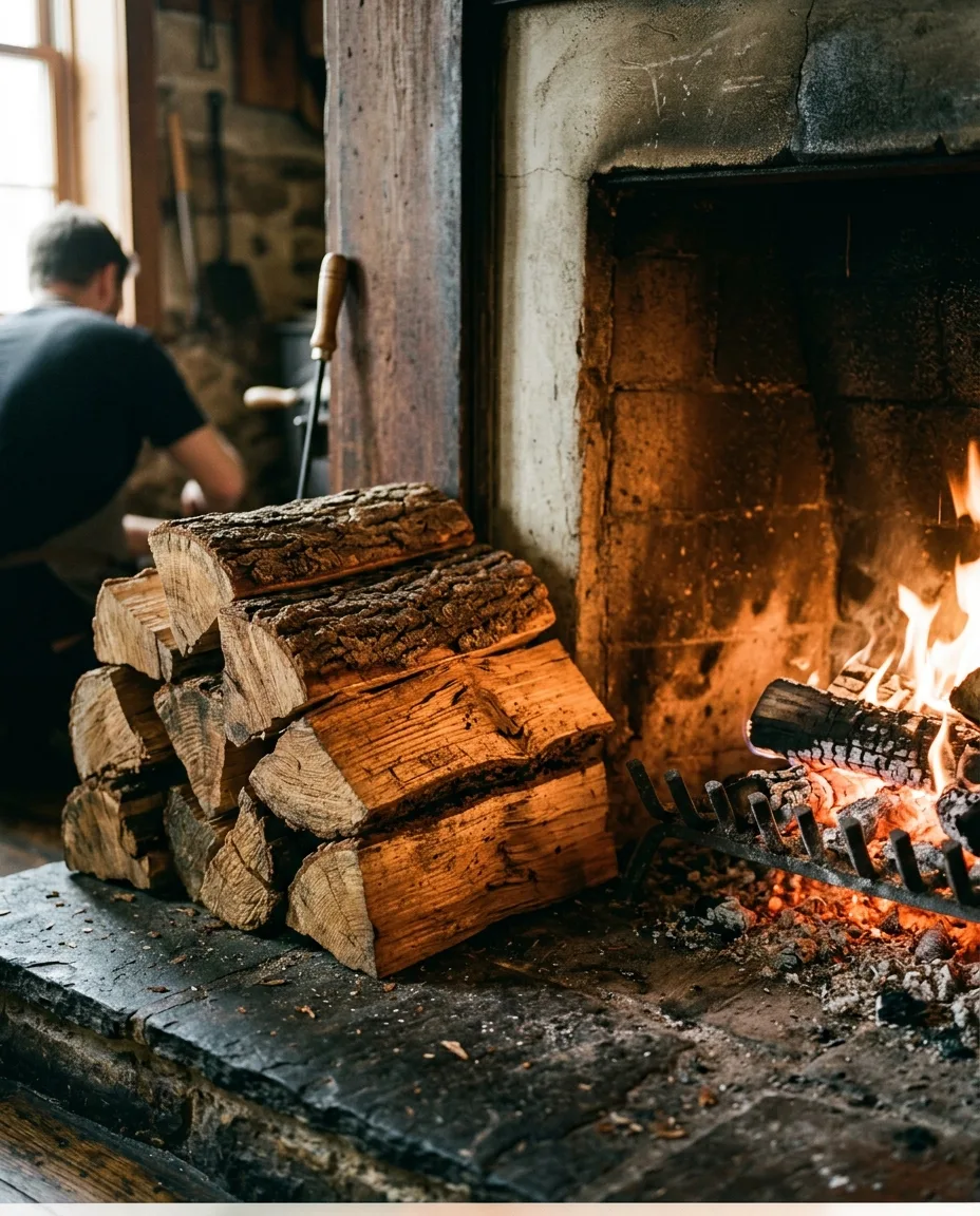 Split oak logs stacked beside the hearth, the fire glowing at one side