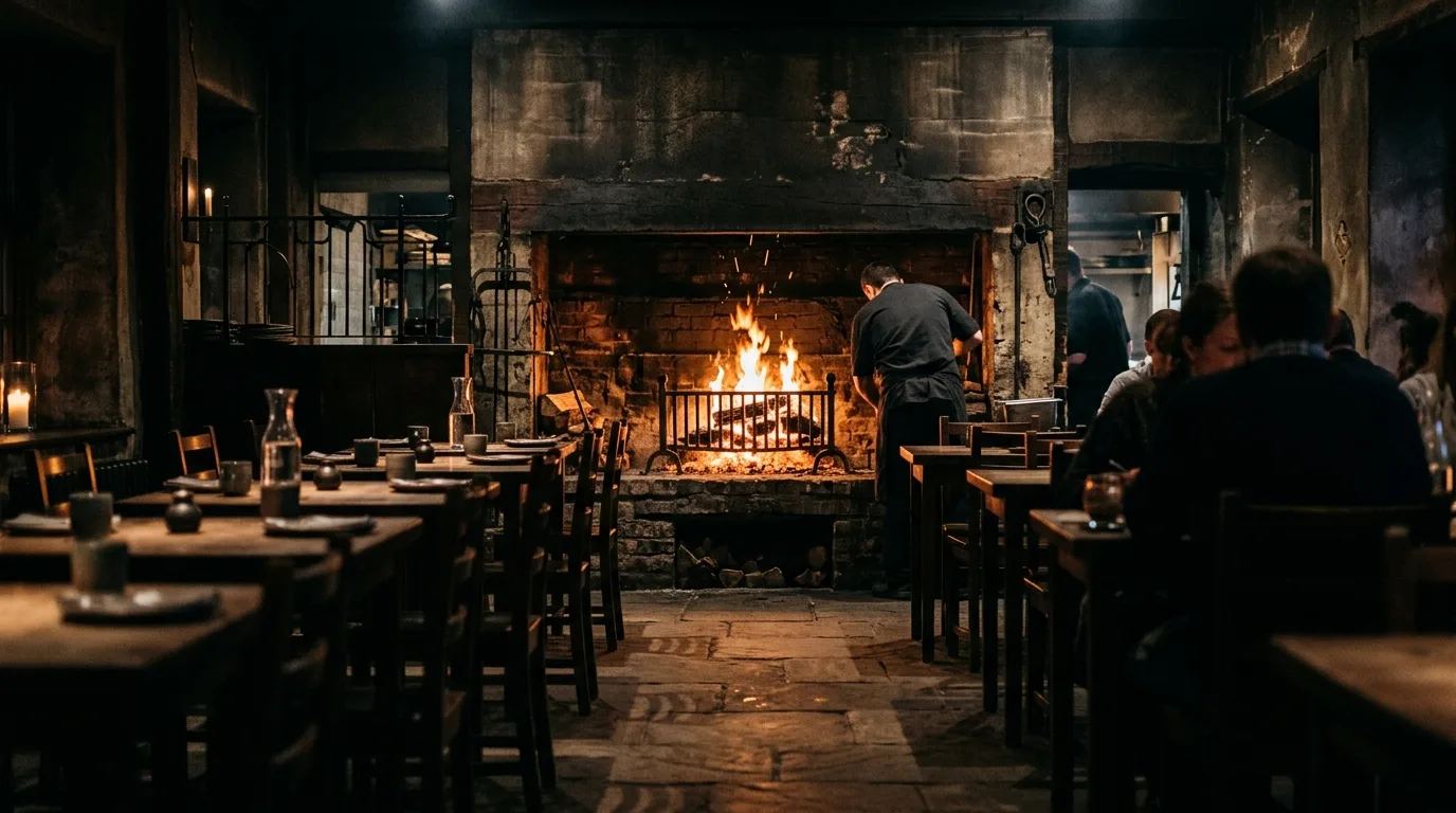 A long, dark dining room leading to an open wood-fired hearth with live flames under a grill grate