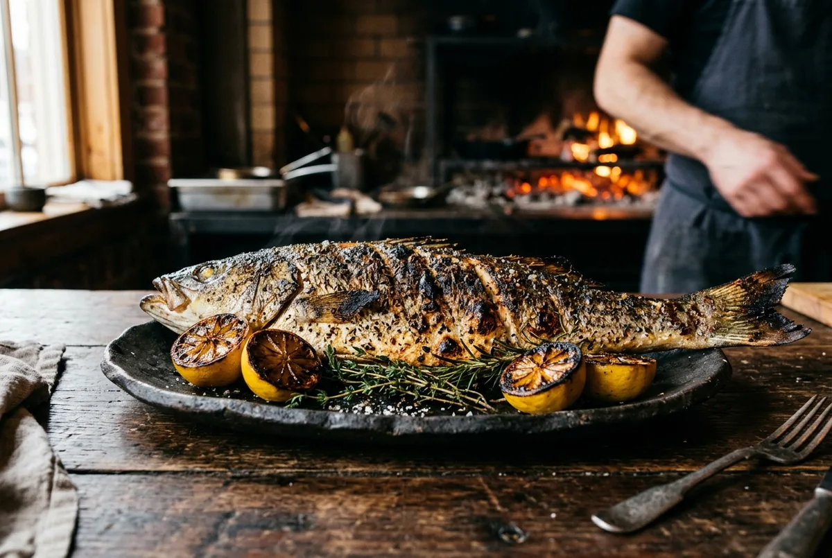 A whole grilled fish with blistered, charred skin on a dark platter with charred lemon halves