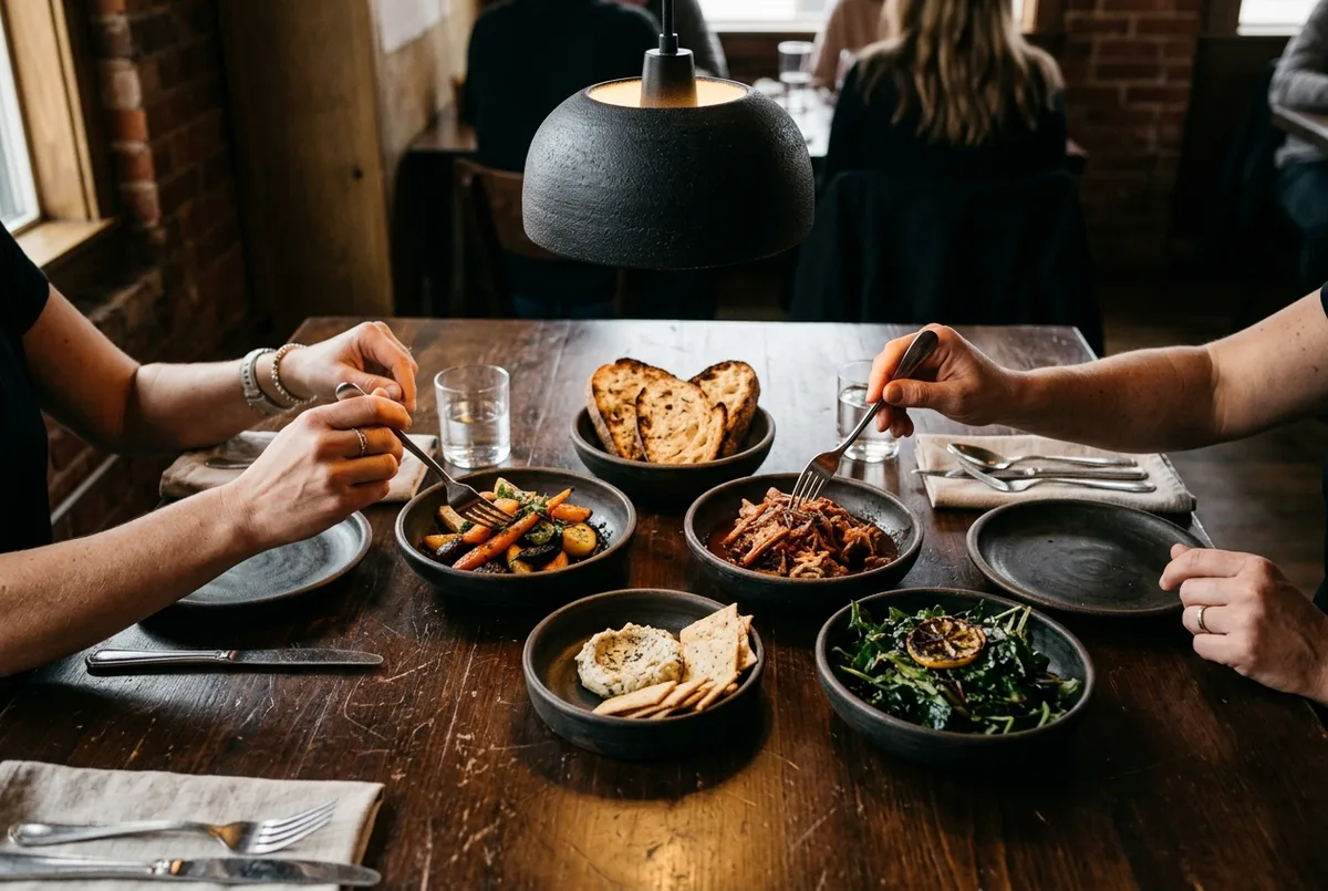Overhead view of five small dishes in dark bowls on a wood table, hands reaching in with forks