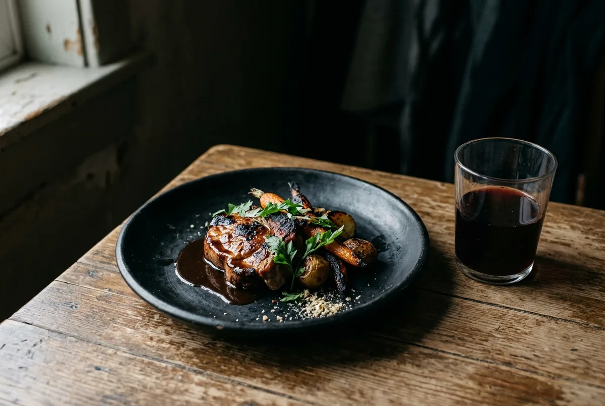 A single composed course in a shallow black dish beside a glass of red wine, lit from one side