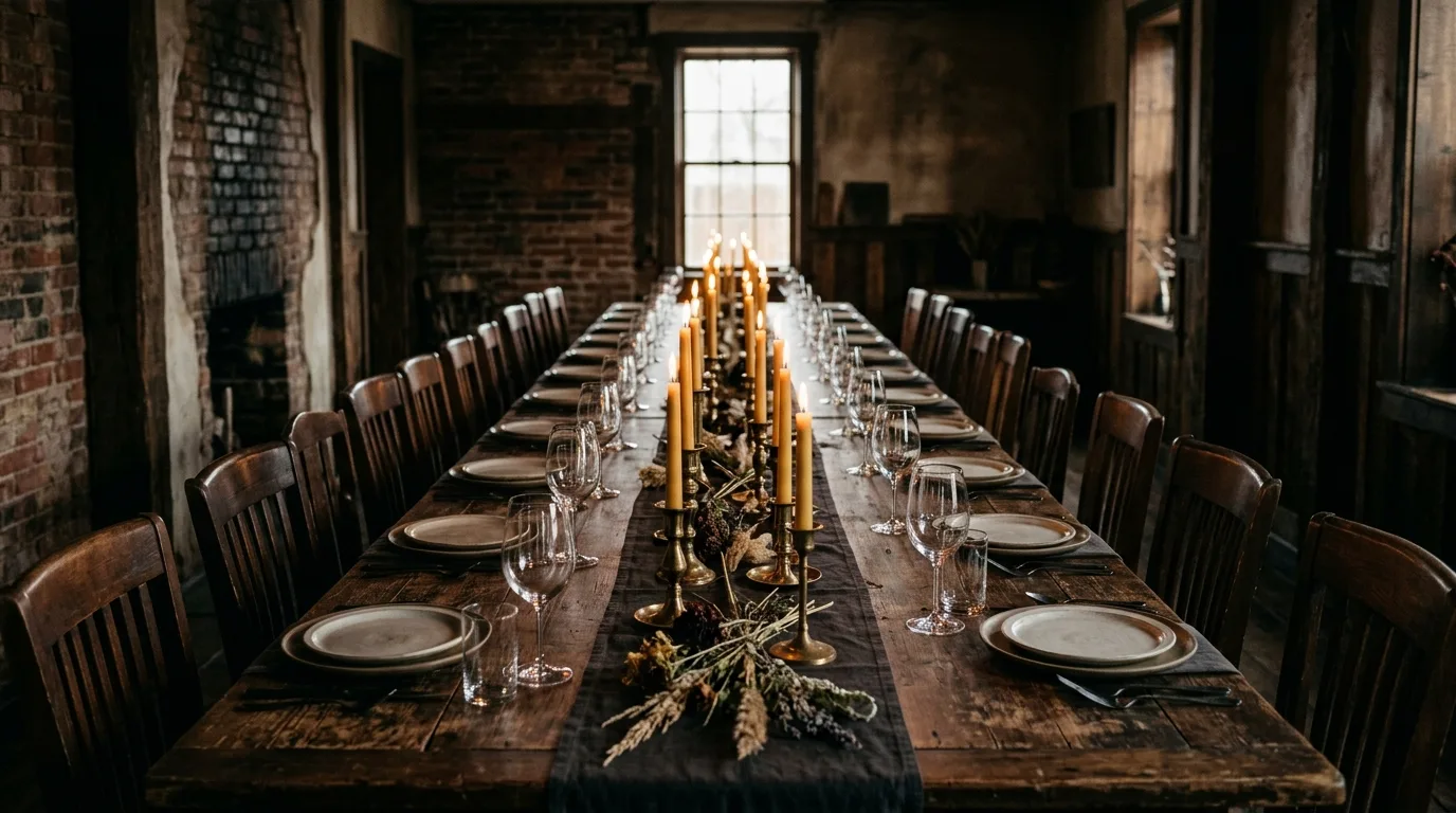 A long candlelit table set down the length of a dark back room, chairs pushed in