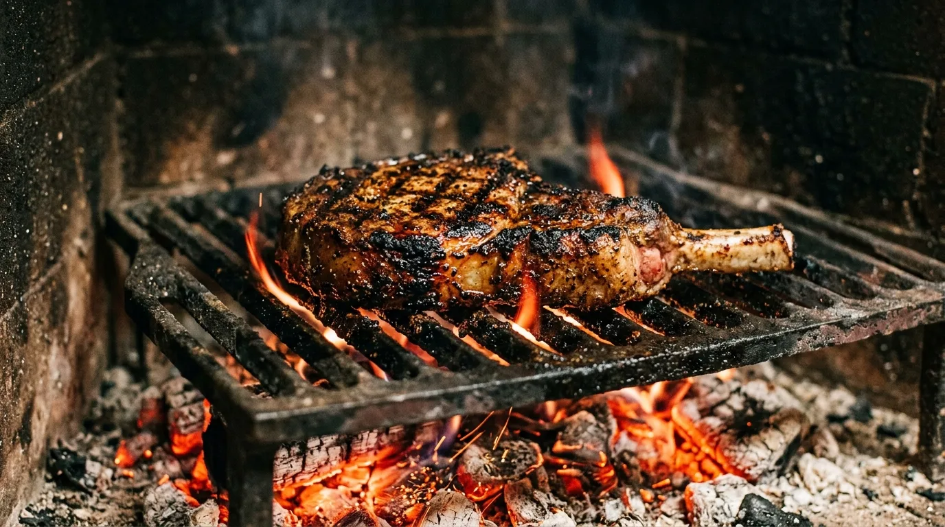 A thick bone-in chop on an iron grate over glowing coals, charred with grill marks