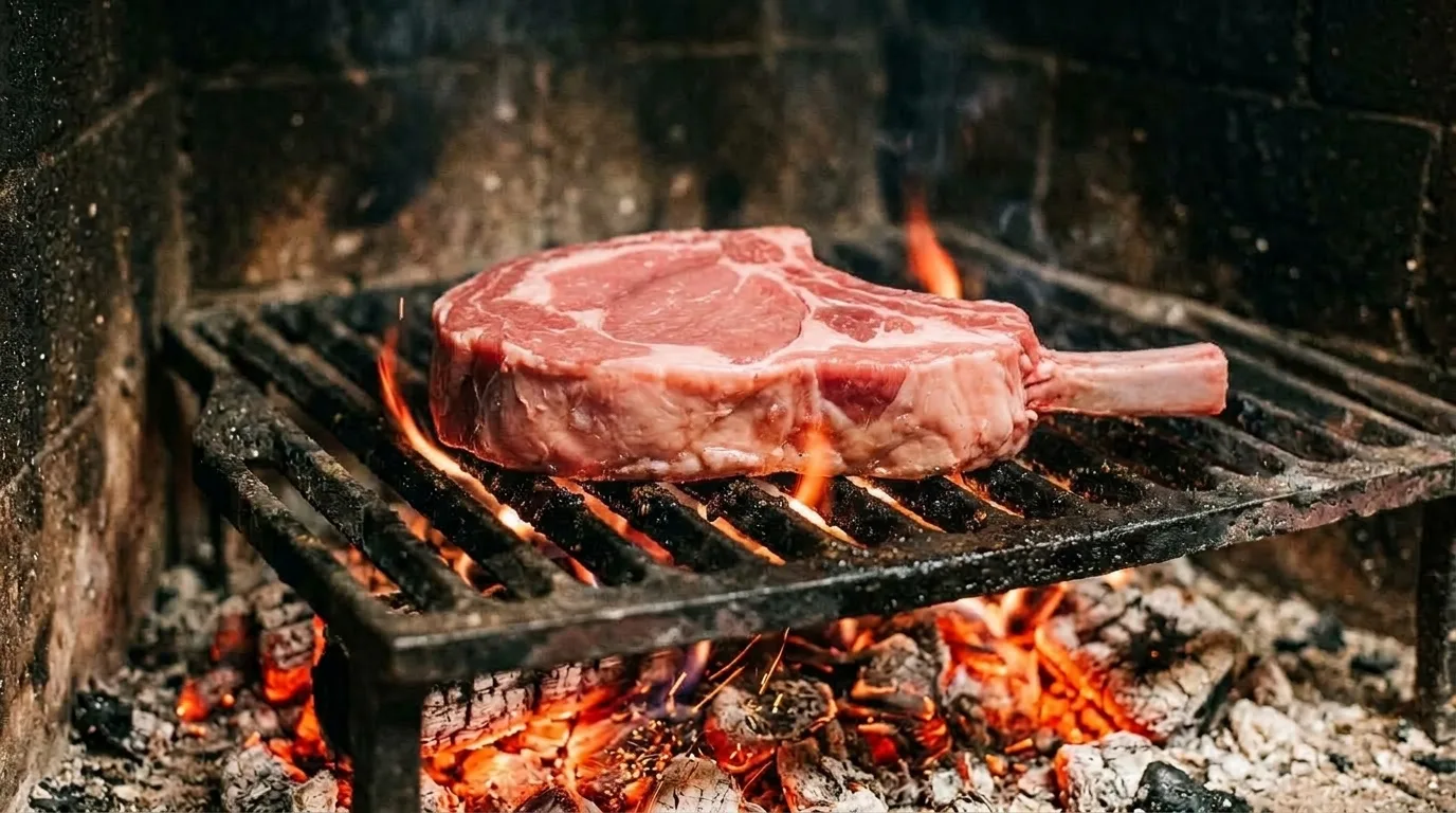 The same chop raw and pink, just laid on the iron grate over the coals